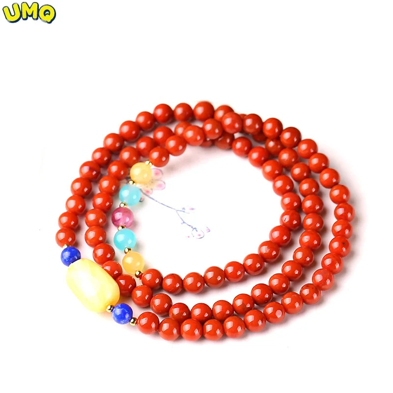 

Natural Sichuan Cherry Red Persimmon Red South Red Bracelet with Original Mineral Shaped Honey Wax Duobao Three Ring Bracelet