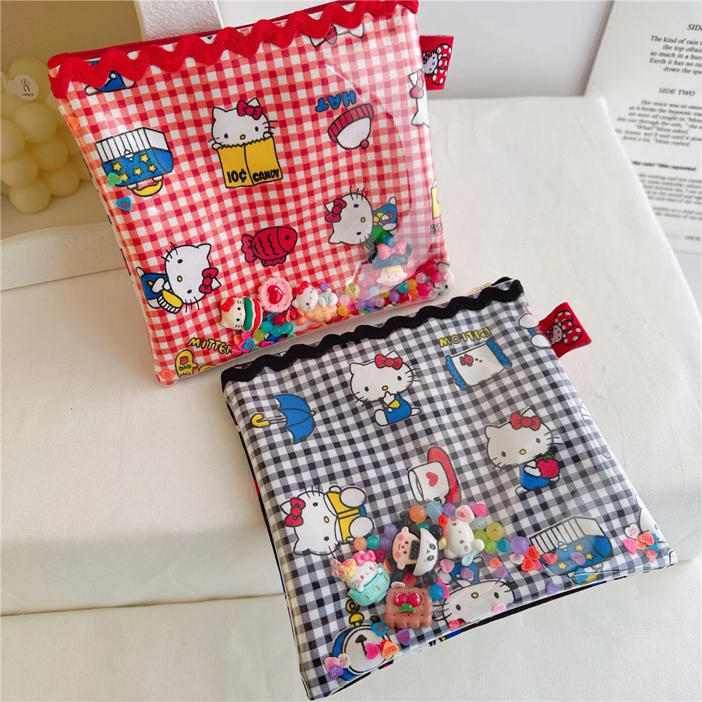 

Lovely HelloKitty Y2K Makeup Bag Sanrio Kawaii Anime Print Cute Transparent Quicksand Storage Bag Girl Heart Square Bag Kid Gift