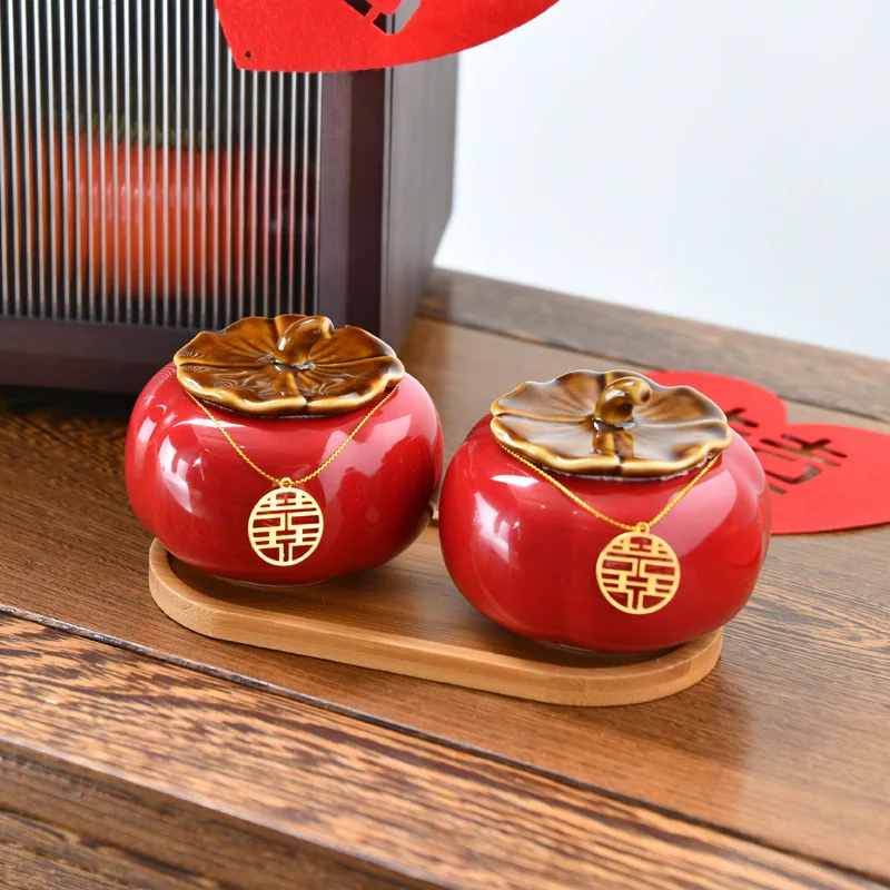 Creative Persimmon Ceramic Tea Pot Sealed Storage Box Wedding Holiday Gift Box Abstract Persimmon Shape Porcelain Jar Crafts New