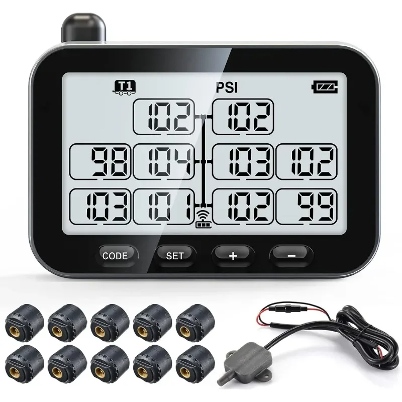 

Trailer Tire Pressure Monitoring System, Trailer TPMS with 10 Sensors, 6 Alert Modes, Signal Booster, Power Saving Display