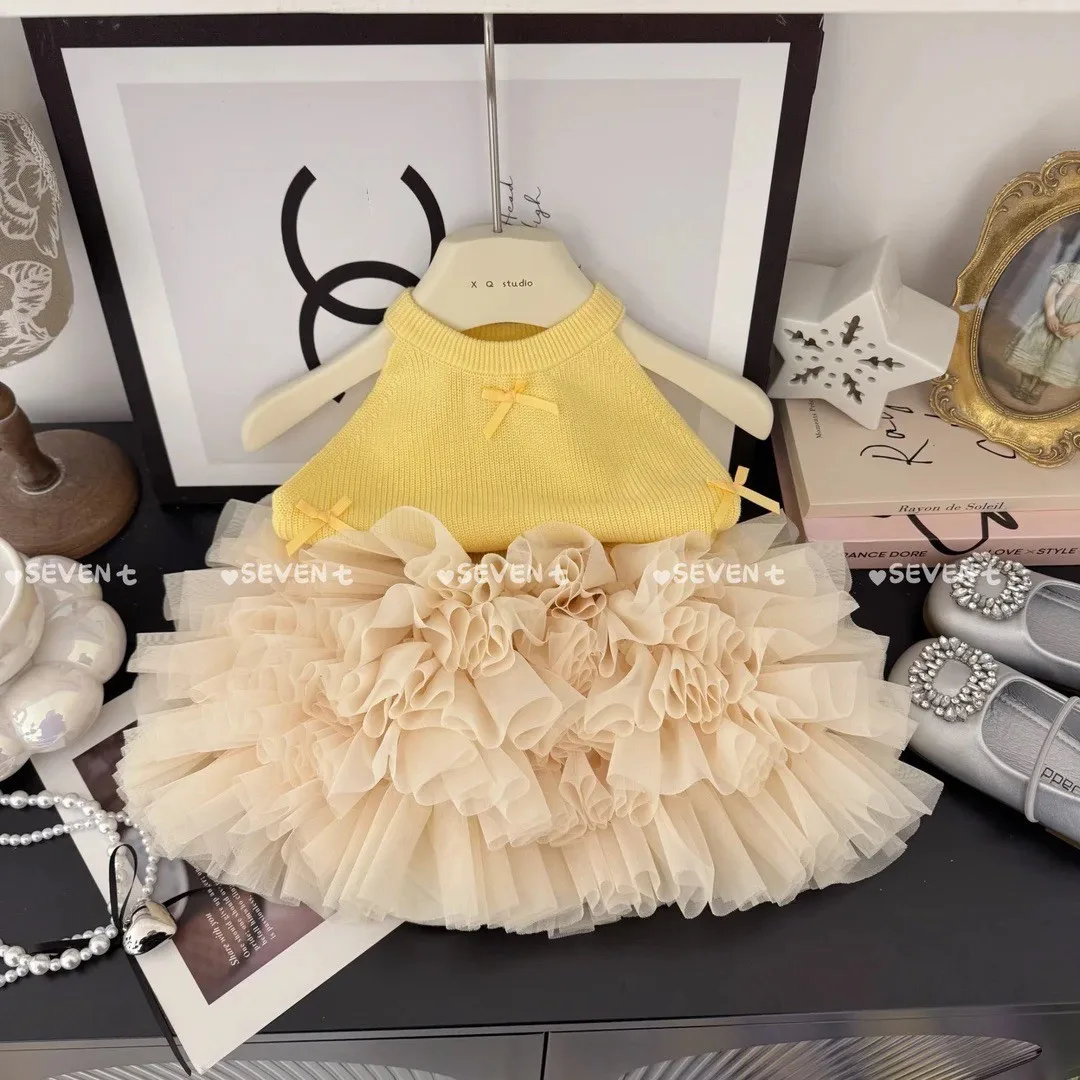 Girls' Summer Set 2026 New Style Children's Knitted Strap Top+Puff Skirt Fashionable Baby Girl Two Piece