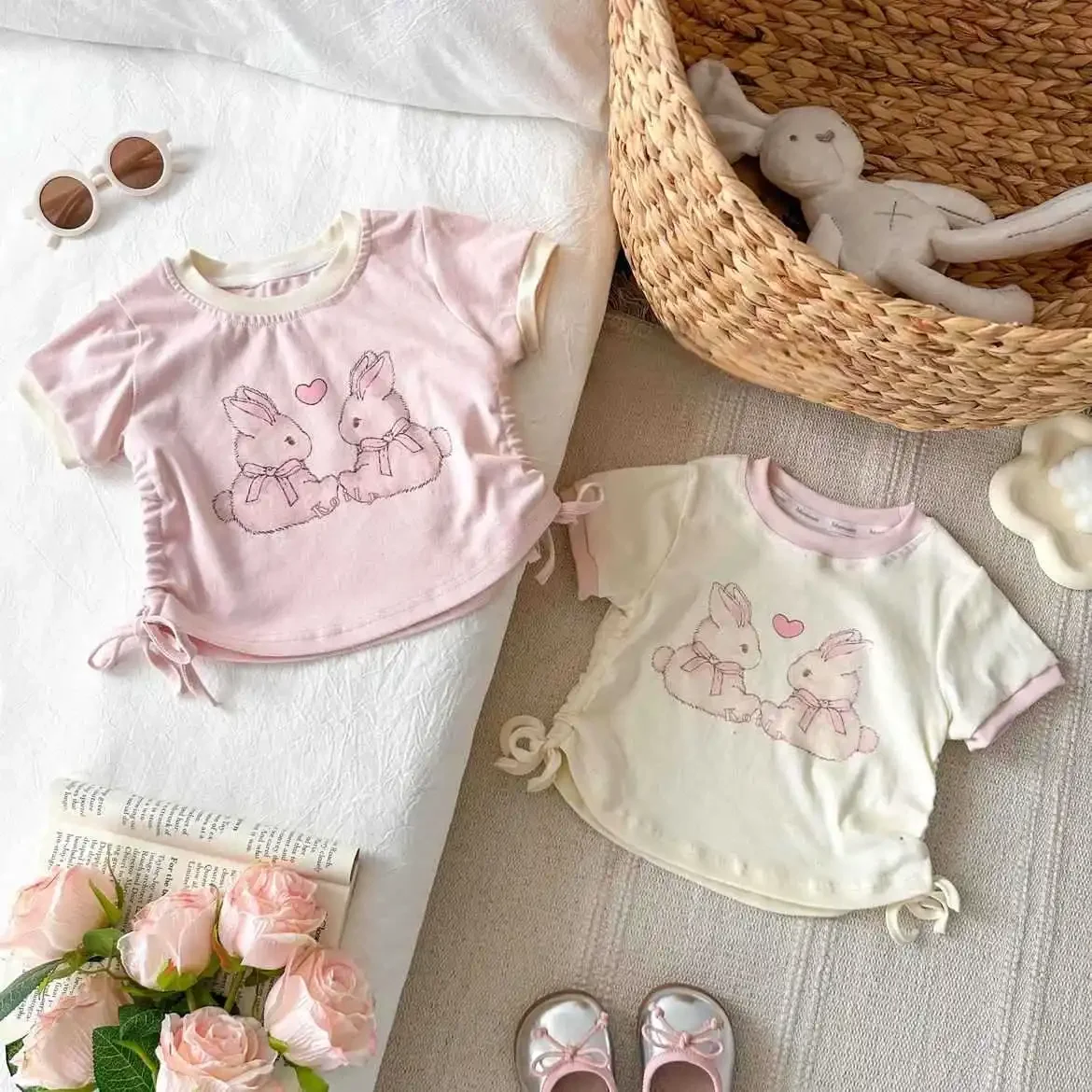 Kids Girls Cute T-shirt Rabbit Print Short Sleeve Pullover Soft Tee 1-6Y Children Summer Fashion Versatile Shirring Tops Clothes