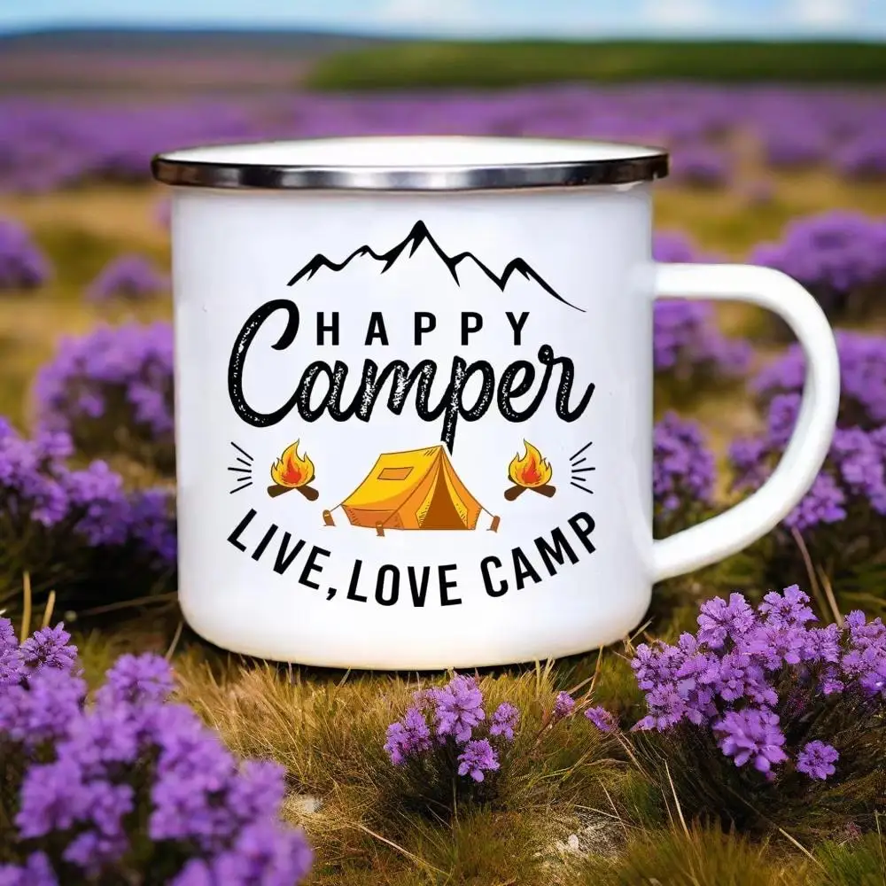 

New Caravan Printed Camper Mugs Camping Enamel Mug Adventure Campfire Party Beer Juice Cup Mountain Handle Cups Gifts for Camper