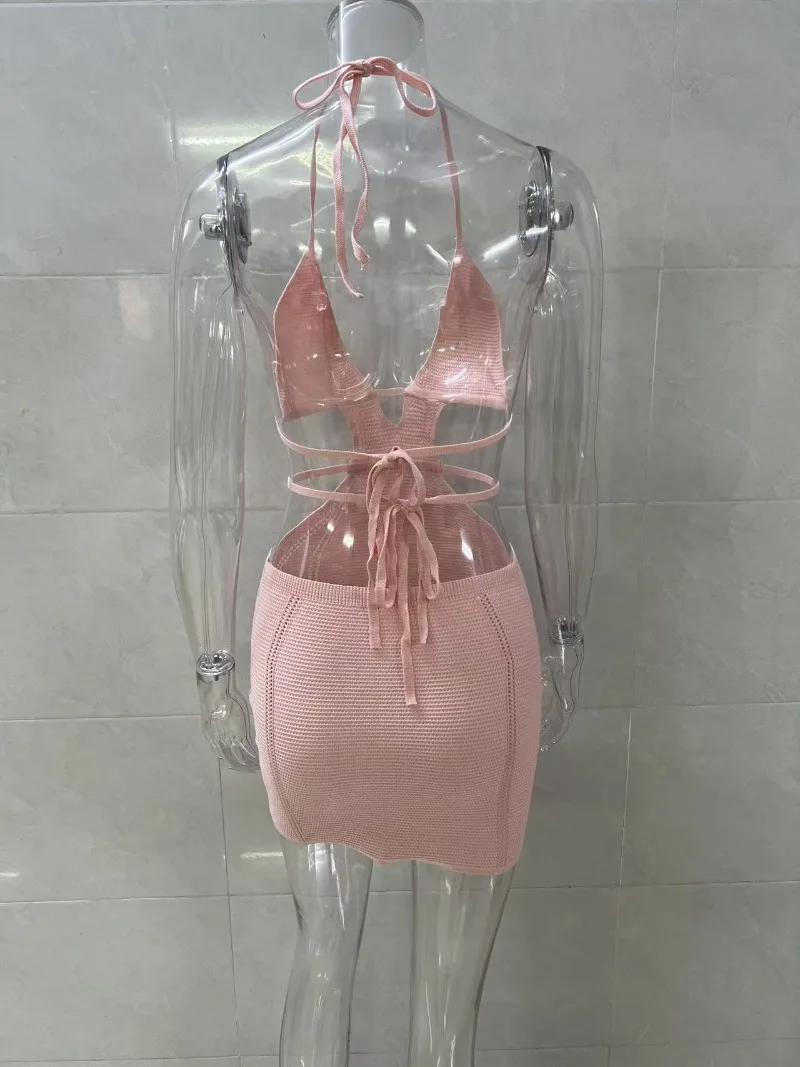 2025 verão férias praia de malha mini vestido feminino sexy oco para fora com decote em v rendas até halter sem costas bodycon beachwear cobrir ups