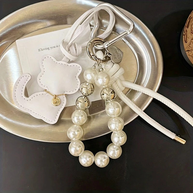 Neue Imitationsperlen-Katzen-Handykette Geschenk Hängende Verzierung Anhänger Handtaschenanhänger Schlüsselanhänger für Frauen und Mädchen – Detail 3
