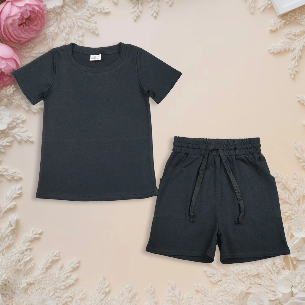 

Baby Boy Short Sleeve Black Shirts Top Pockets Shorts Clothes Sets Infant Toddler Outfits Comfortable Clothing Wholesale