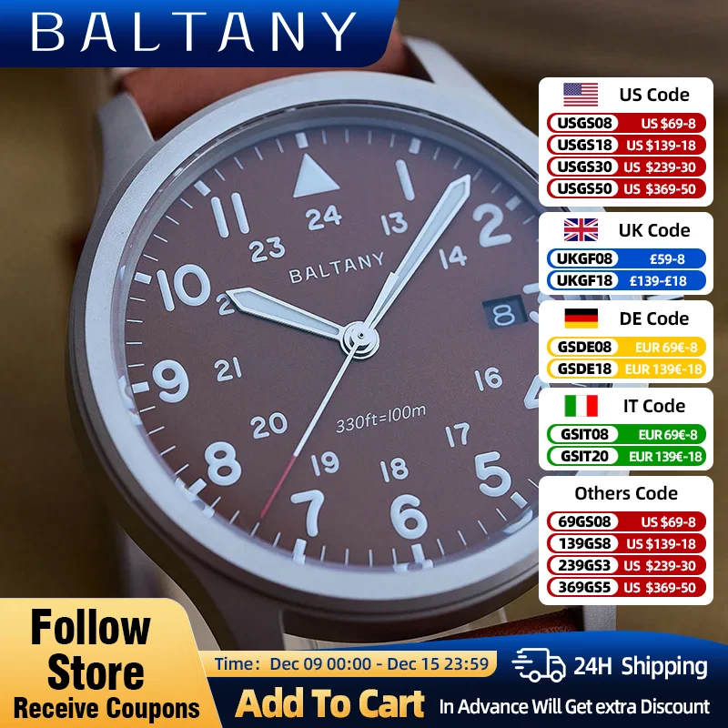 Baltany Military Quartz Watch 39mm Calendar Dial Luminous 10ATM 715Li Movement Brushed Stainless Steel Leather Men Field Watches