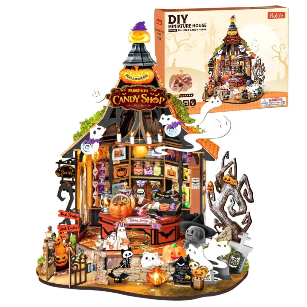 Rolife Haunted Candy House DIY Miniaturhaus-Bausatz Modellbausatz Gruseliges Niedliches Miniaturhaus Heimdekoration für Halloween und Weihnachten