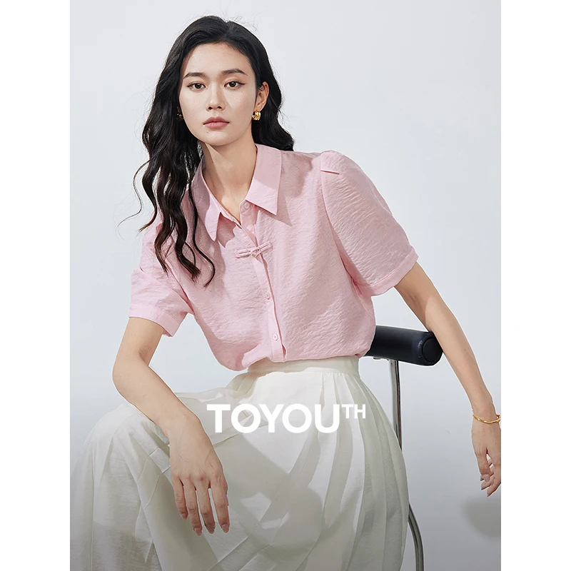 

TOYOUTH Women Blouse Shirt 2024 Summer New Chinese Style Turn Down Collar Buff Sleeves Elegant Pan Button Short Sleeve Pink Tops