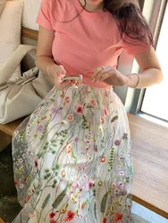 Korobov Korea Vintage Skirt High Waist Slim Embroidery Flowers Skirts Faldas Para Mujeres A Line Big Swing Long Skirts for Woman