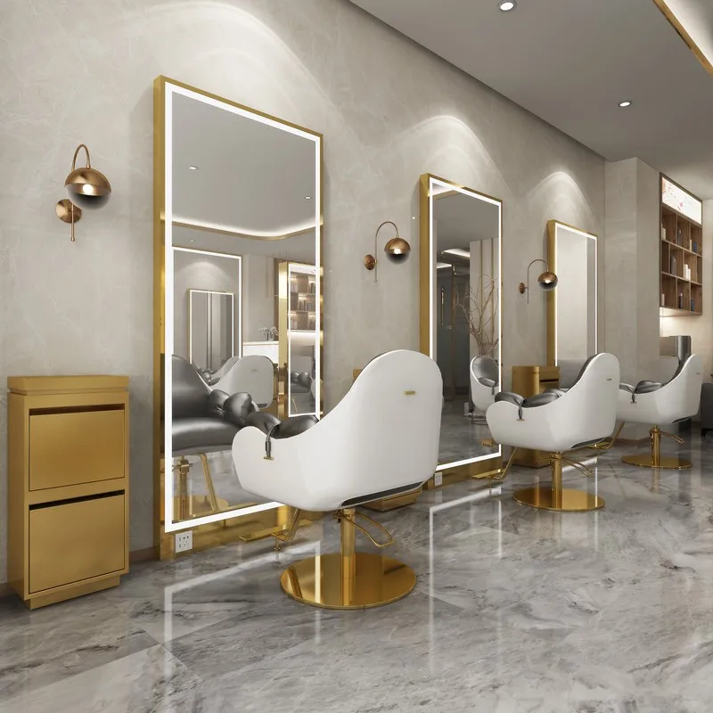 

Luxury Salon Furniture Equipment Gold Hair Salon Barber Mirror Station With Led Lights
