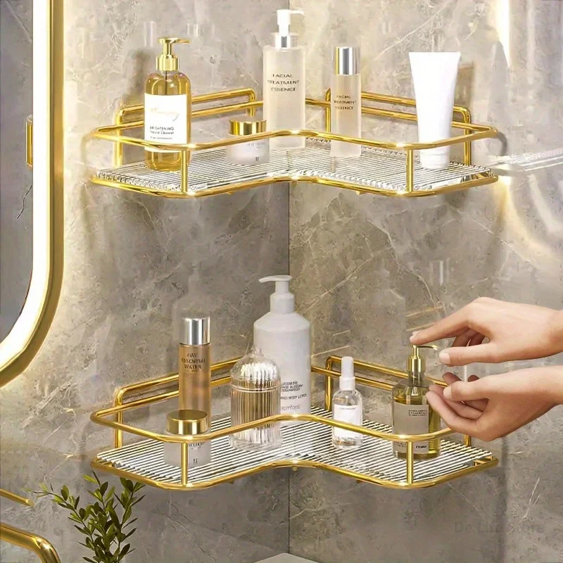 Gold Bathroom Shelfs Wall Mounted Triangular Storage Rack Acrylic Hand Washing and Washing Table Bathroom Toilet Corner Folding