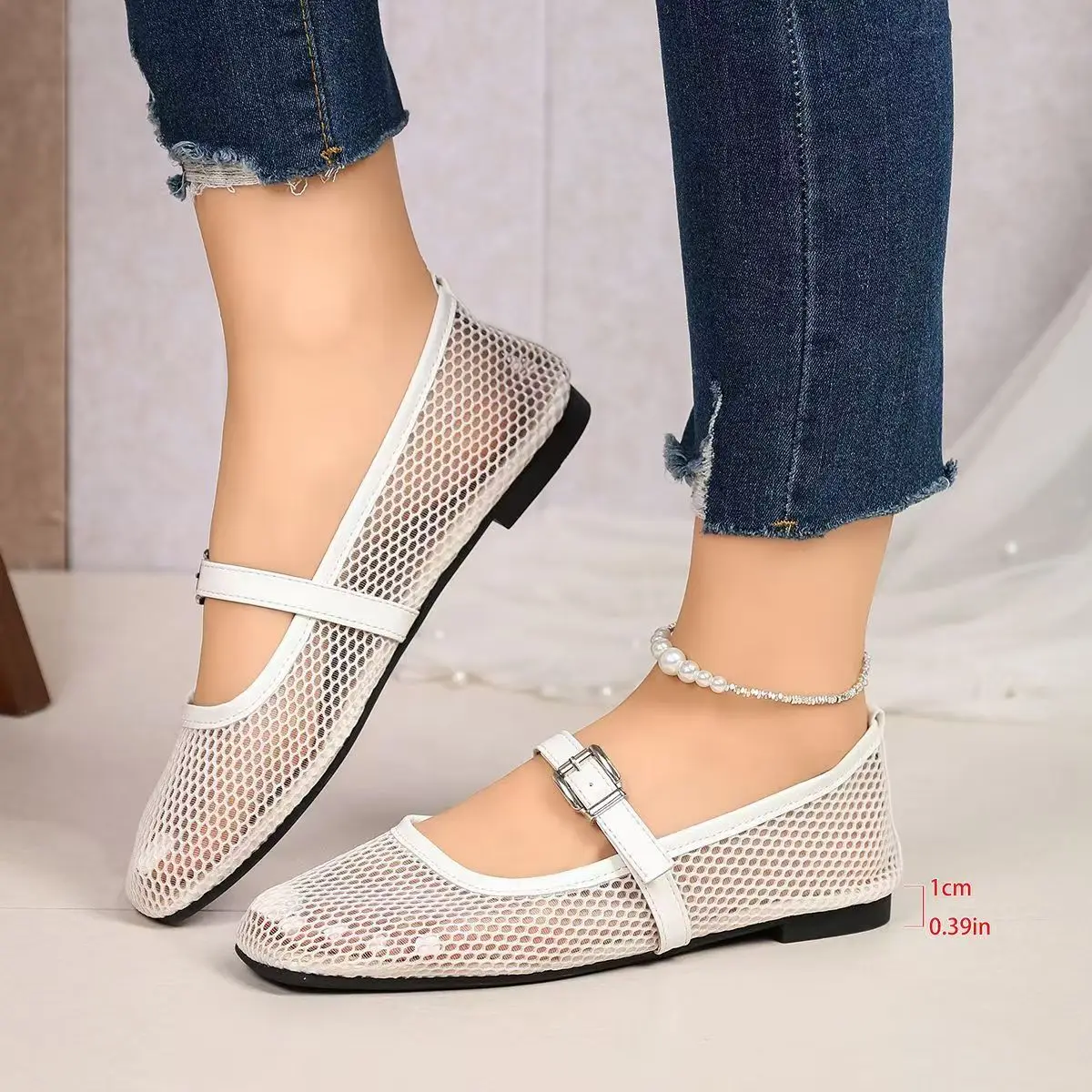 Women Mesh Hollow Out Big Size Flat Sole Shoes Summer New Soft Sole Non Slip Breathable Mary Jane Shoes Shallow Round Toe Sandal
