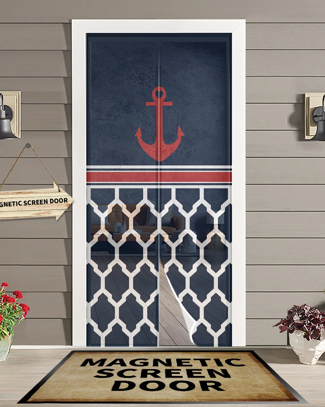 Navy Striped Anchor Summer Magnetic Screen Door Curtain Anti Mosquito Net Insect Fly Bug Kitchen Curtains