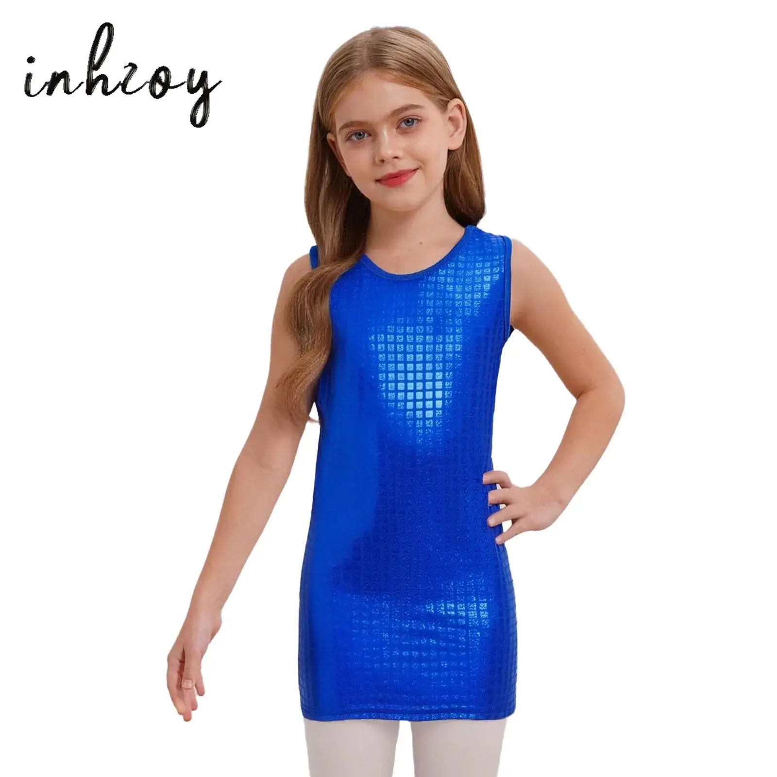 

Kids Girls Shiny Metallic Plaid Tank Dress Jazz Dance Dress Round Neck Sleeveless Ballroom Retro Disco Stage Performance Costume