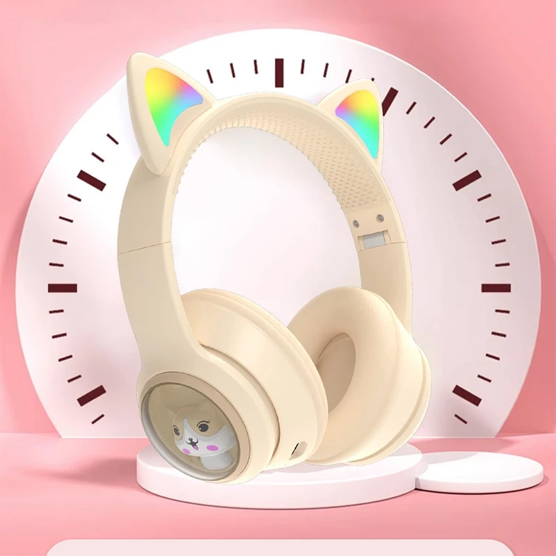 Auscultadores Bluetooth para crianças, auscultadores sobre a orelha, orelhas de gato, auscultadores para telefone com luz LED