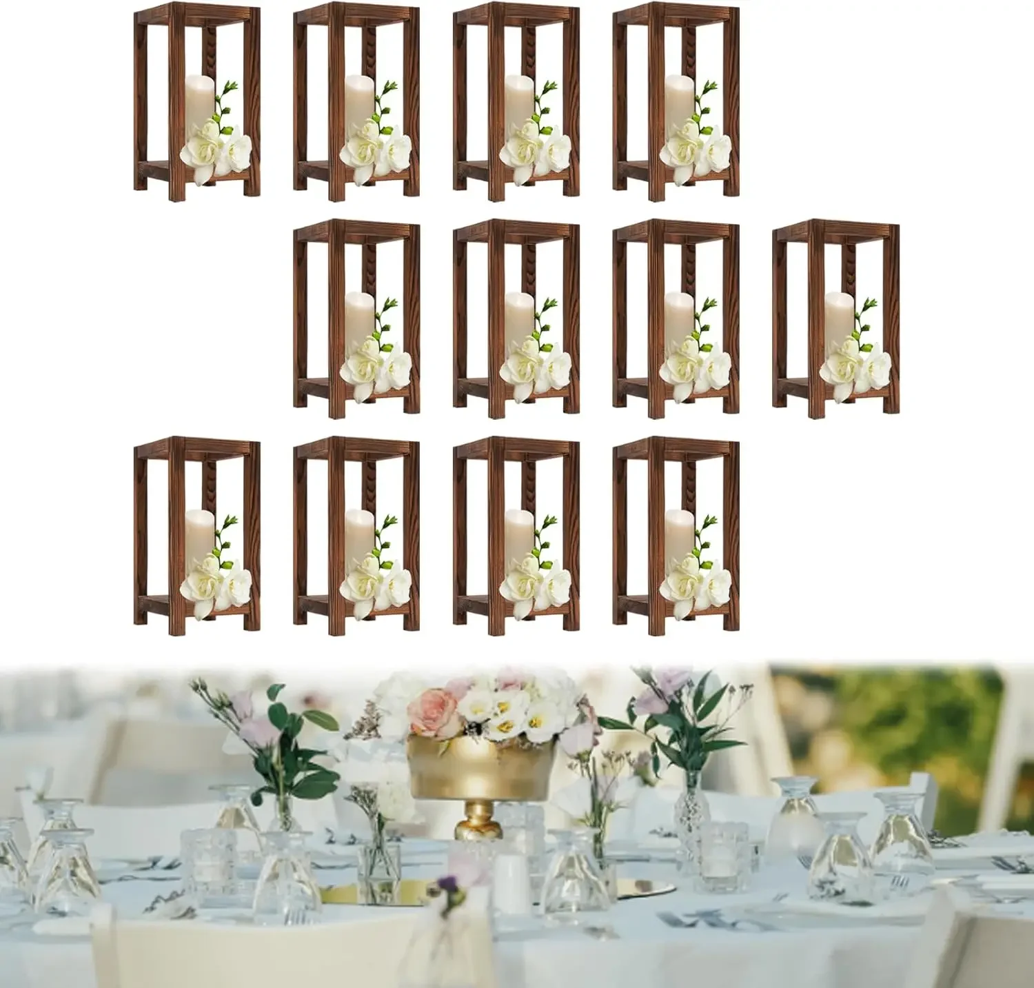 

NEW 12-Piece Wooden Wedding Lantern Table Decorations, Wooden Candle Lanterns, 10.6-Inch Rustic Style Table Lanterns