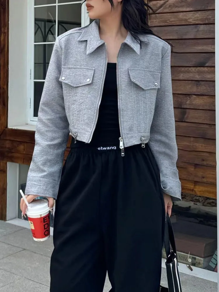 TWOTWINSTYLE Hit Color Patchwork Button Short Jackets For Women Lapel Long Sleeve Temperament Minimalist Slimming Coat Female