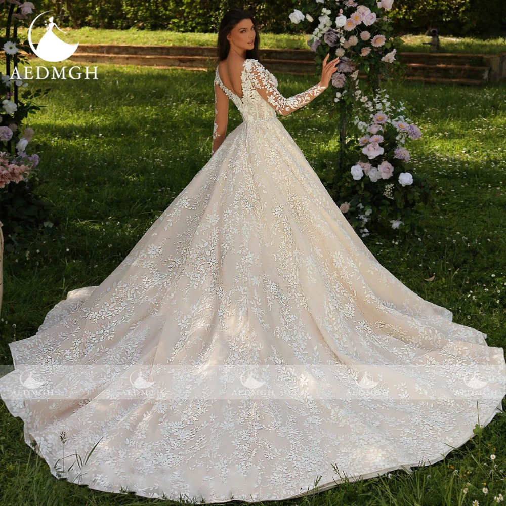 Aedmgh Ball Gown Princess Wedding Dresses Scalloped Long Sleeve Vestido De Novia Lace Appliques Delicate Custom Made Bridal Gown