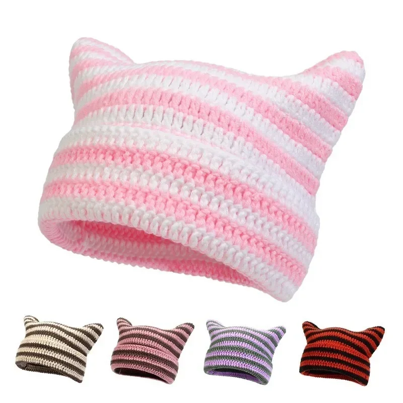 New Japanese Streetwear Harajuku Beanie Little Devil Striped Knitted Hat Women Girls Autumn Winter Cute Cat Ears Cap