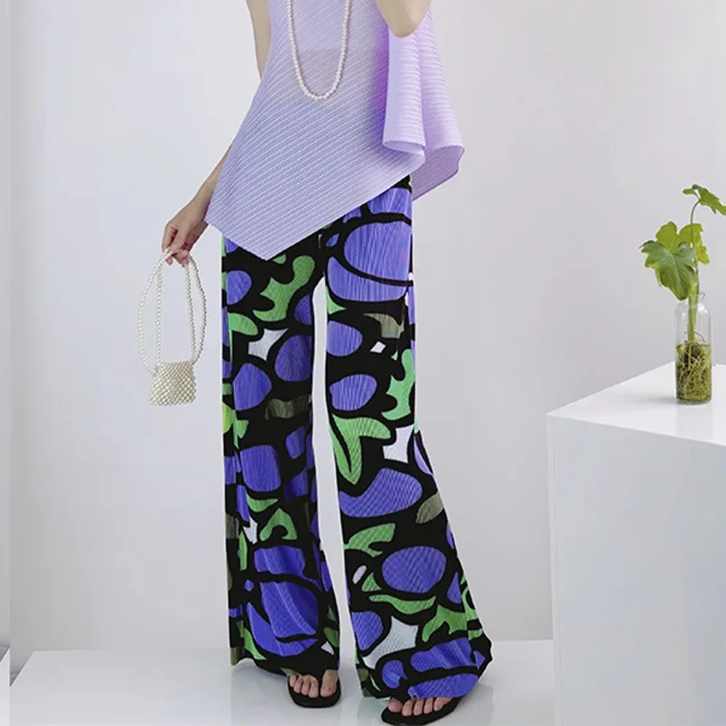 

New 2025 Summer Miyake Pleated Printed Women's Pants Versatile Straight Casual Wide Long Leg Simple Loose with Elastic Casual