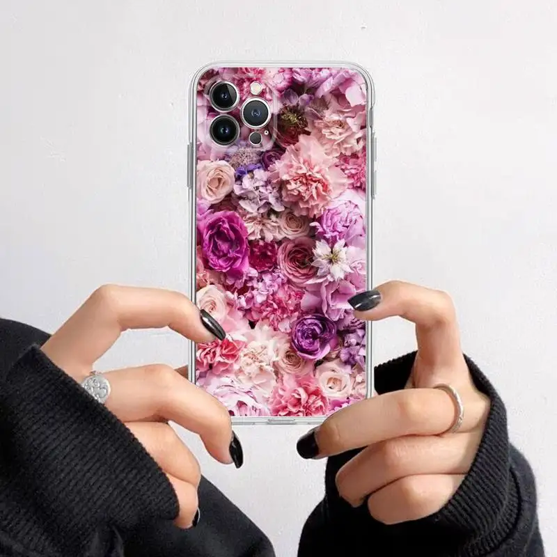 Elegant Pink Purple Peony Flower On the Vase Phone Case For iPhone 14 13 12 11 XS X XR SE 2020 6 7 8 Plus Mini Transparent Shell
