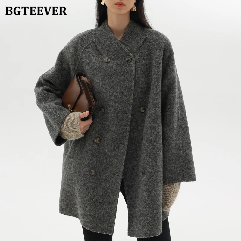 

BGTEEVER Elegant Thicken Warm Female Woolen Jackets Autumn Winter Long Sleeve Double Breasted Women Coats