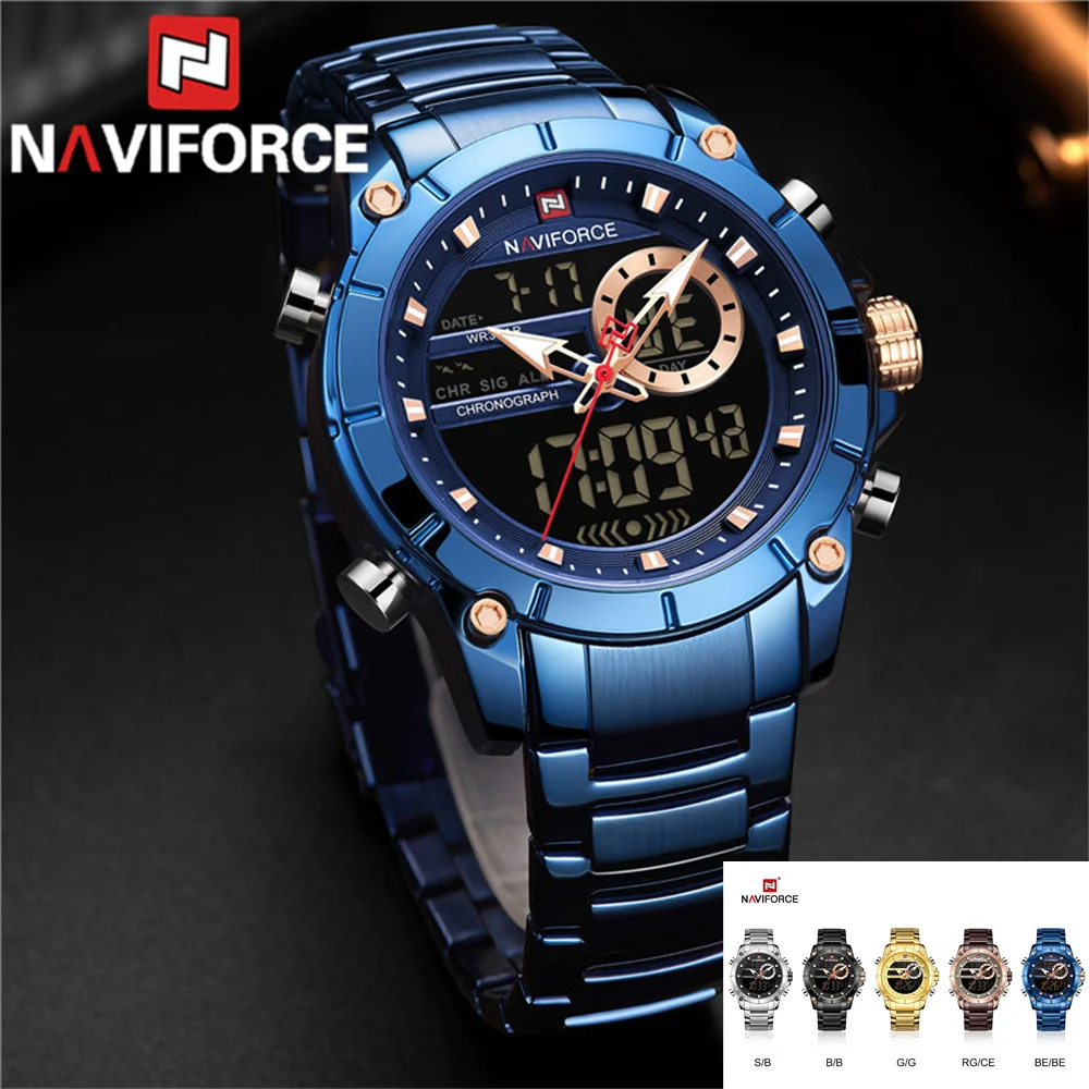 NAVIFORCE Top Brand Luxury Men Watch Waterproof Quartz Digital Led Male Clock Military Sport Stainless Steel Man Wristwatch 9163