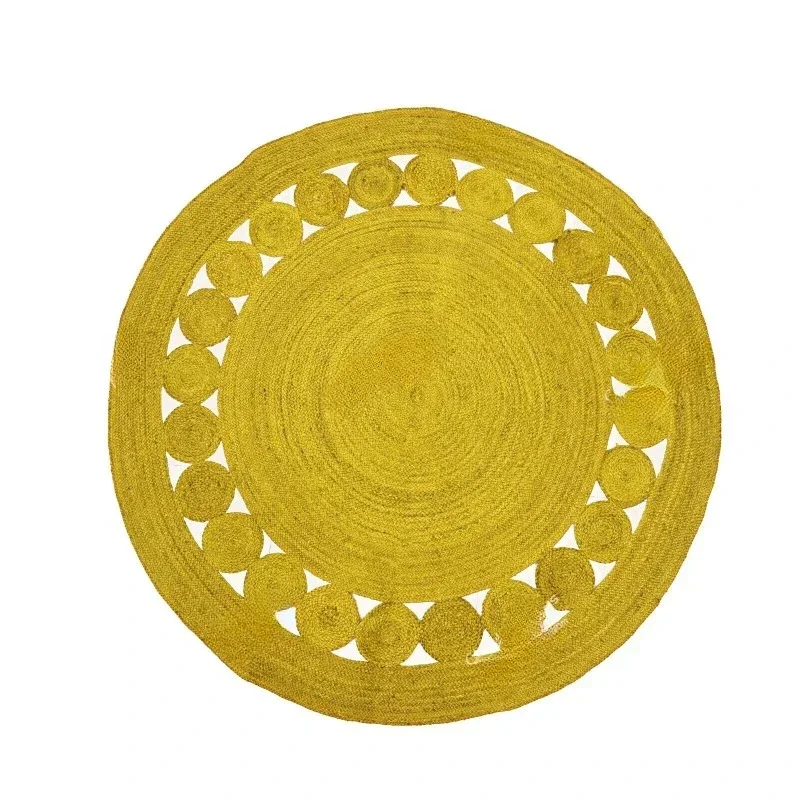 

Yellow Color Vintage Rug for Décor Room Hand Braided Scalloped Round Jute Rug