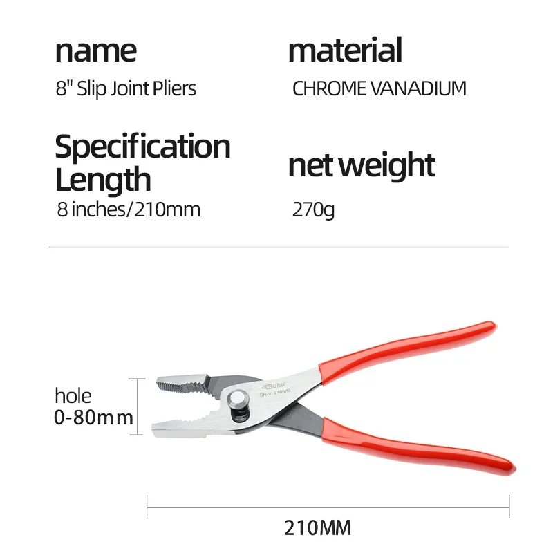 SUHA 8inch Adjustable CRV Slip Joint Pliers Multi Functional 360° Reticulate Chromium Vanadium Steel Automatic Rebound Clamp Red