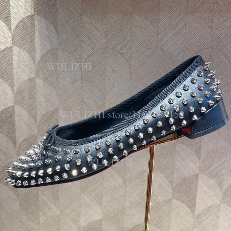 Scarpe da balletto piatte Nero Argento Rivetto Fiocco Rotondo Mocassini leggeri in pelle albicocca Donna Casual Lavoro Moda Pompa Primavera Scarpa con tacco basso