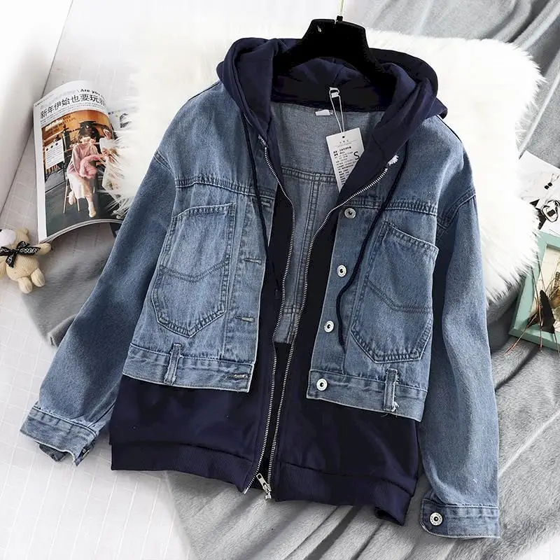 Patchwork Fake Two-piece Hoodies Women Spring Autumn Trend Hooded Denim Jacket Fashion Fried Street Loose Zip Up Cardigan Hoodie