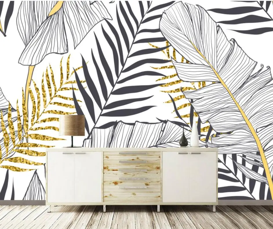 

3d Nordic hand painted black and white banana leaf background living room background Customized wallpaper papel de parede