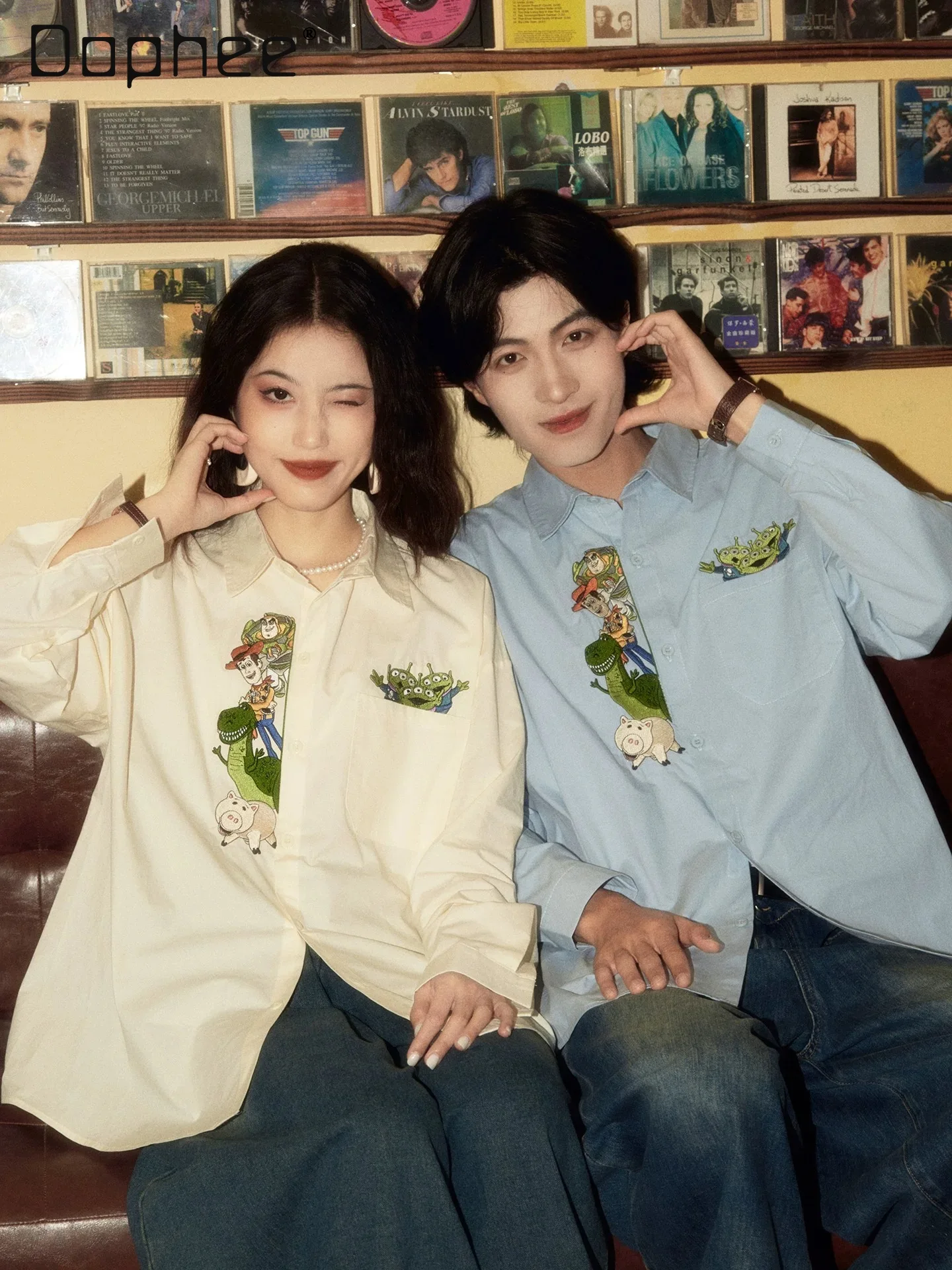 

American Retro Cartoon Embroidered Long Sleeve Shirt for Men and Women 2026 Spring New Oversize Couple Casual Shirt Tops