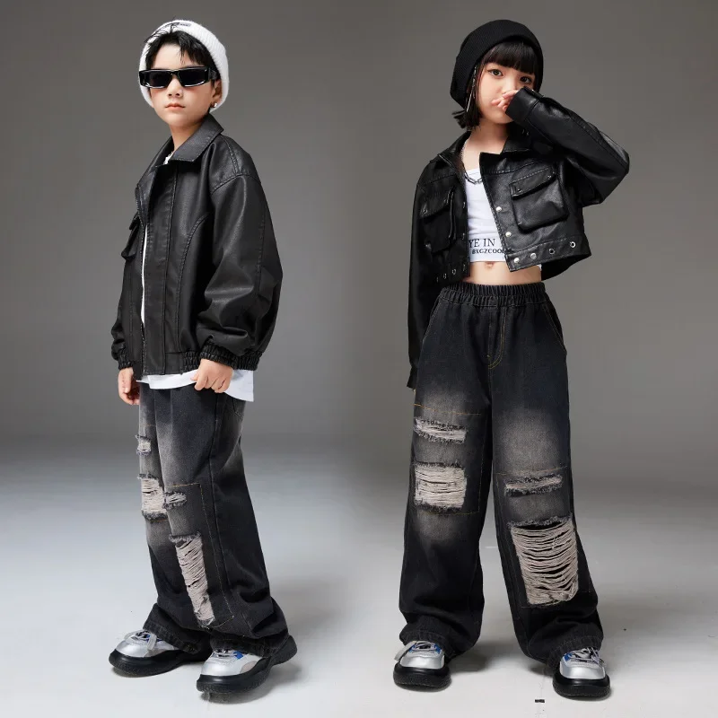 Girls Hip Hop Cropped Leather Motorcycle Jacket Ripped Jeans Boys Street Dance PU Coat Child Streetwear Kids Jazz Clothes Sets