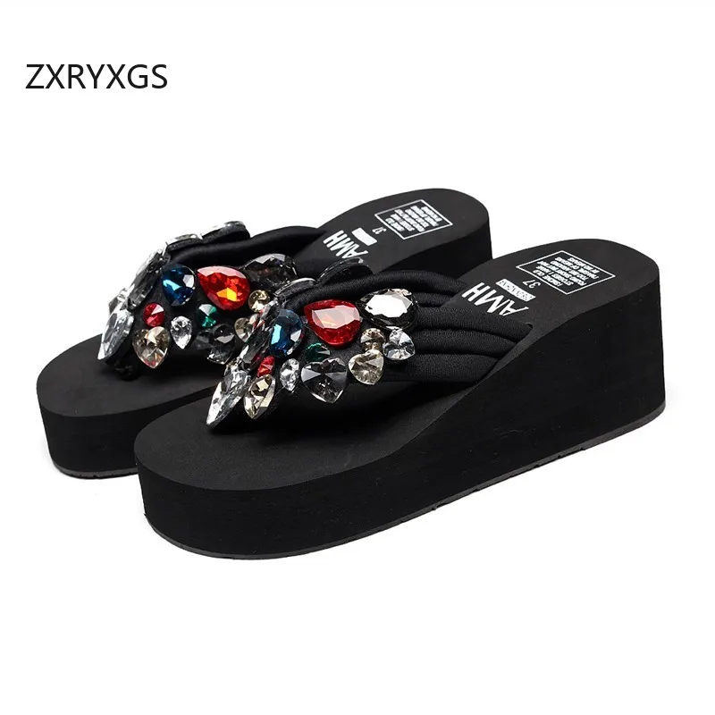 ZXRYXGS Mixed Colors Classic Rhinestone Flip Flops Women Sandals 2024 New Summer Platform Wedges Slippers Shoes Large Szie 42