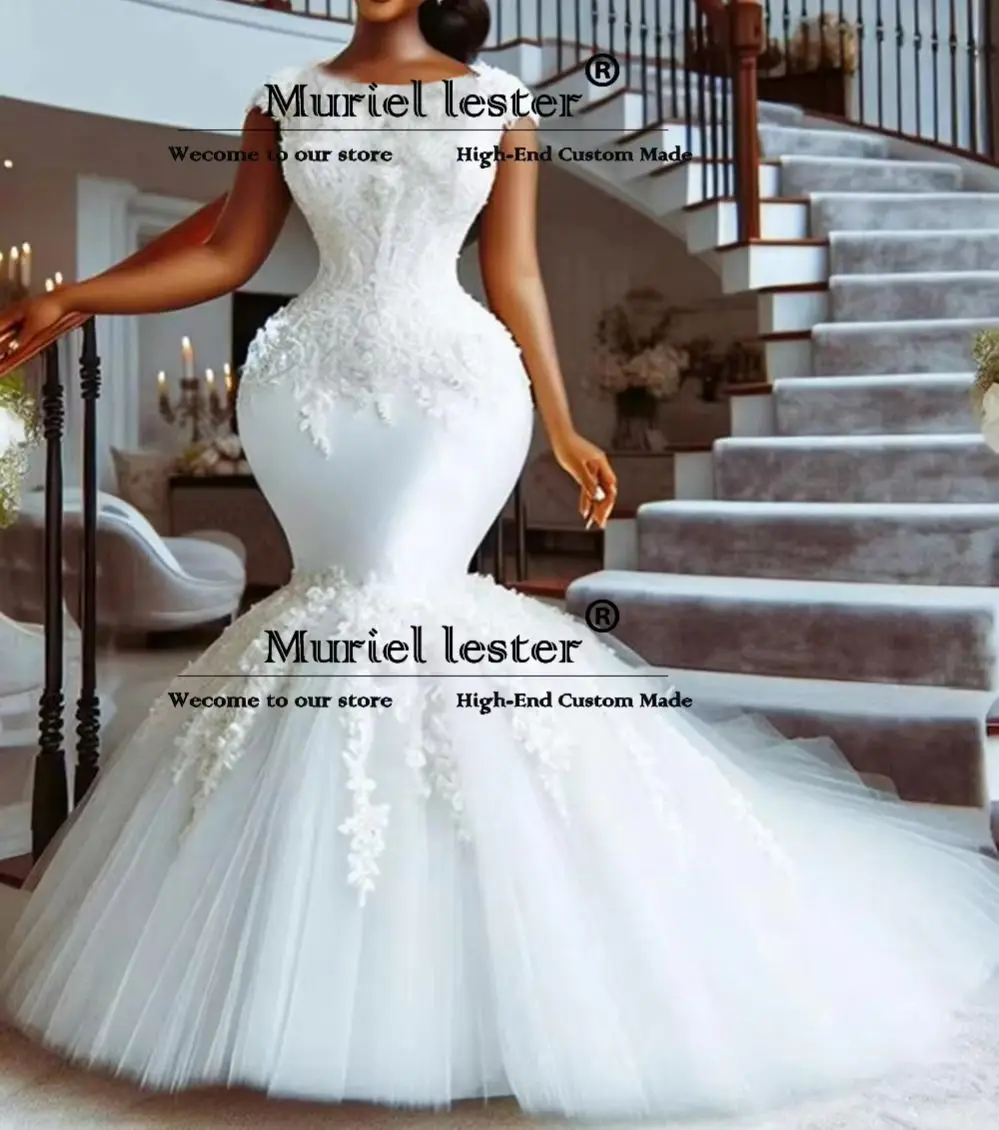 

Aso Ebi African Mermaid Wedding Dresses Customized Short Sleeves Lace Appliques Bride Marriage Formal Party Bridal Gowns Luxury