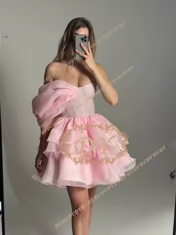DY Strapless Pink Shiny Short Evening Dress Simple A-Line Sleeveless Elegant Prom Gown for Woman Wedding Dress Customized