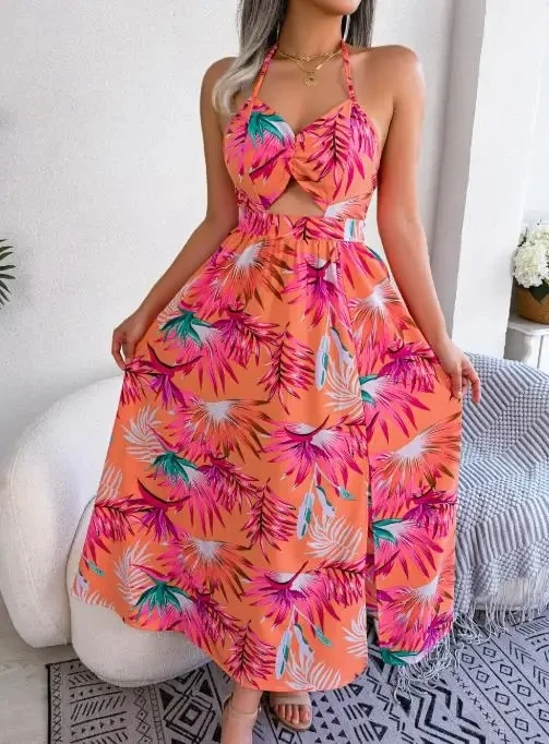 

2025 Summer Bohemia Women's Flower Hollow Out Strap Dresses New Fashion Resort Beach Style Sleeveless Dress for Women's Wear