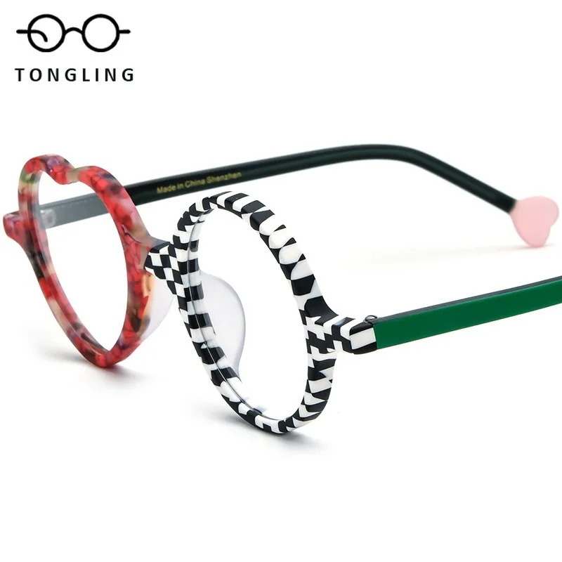 New Women Multi-Color Patchwork Heart-Shaped And Circular Combination Matte Acetate Men Spectacle Frame Funny Both Glasses Frame