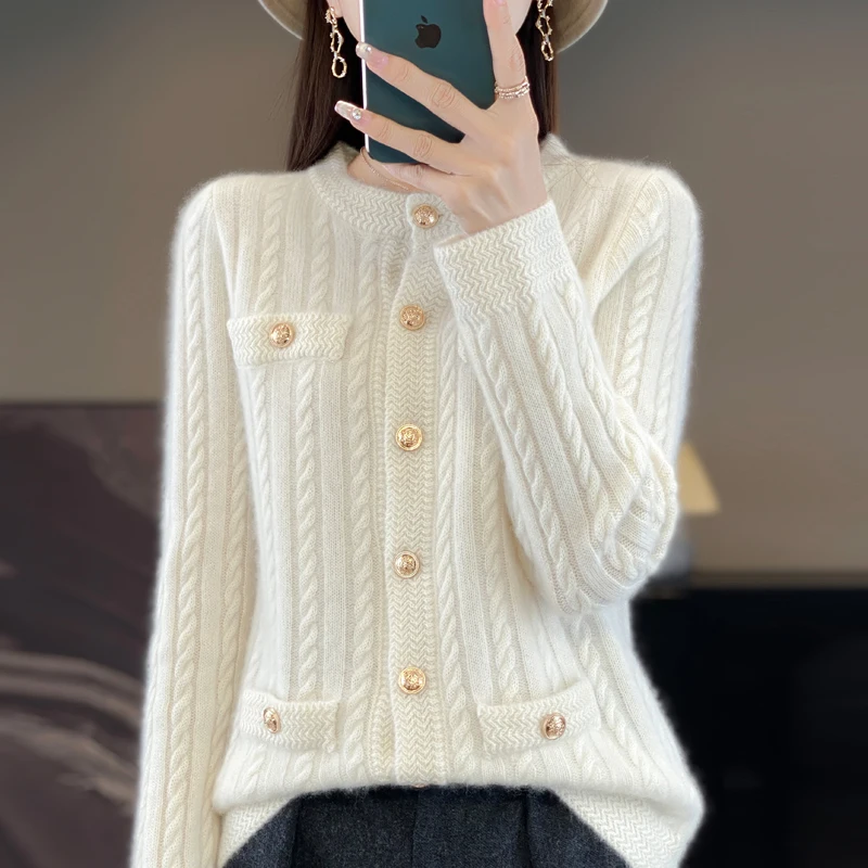 2024 Autumn/Winter New Fashionable Pure Wool Twisted Flower Cardigan Versatile and Slimming Look