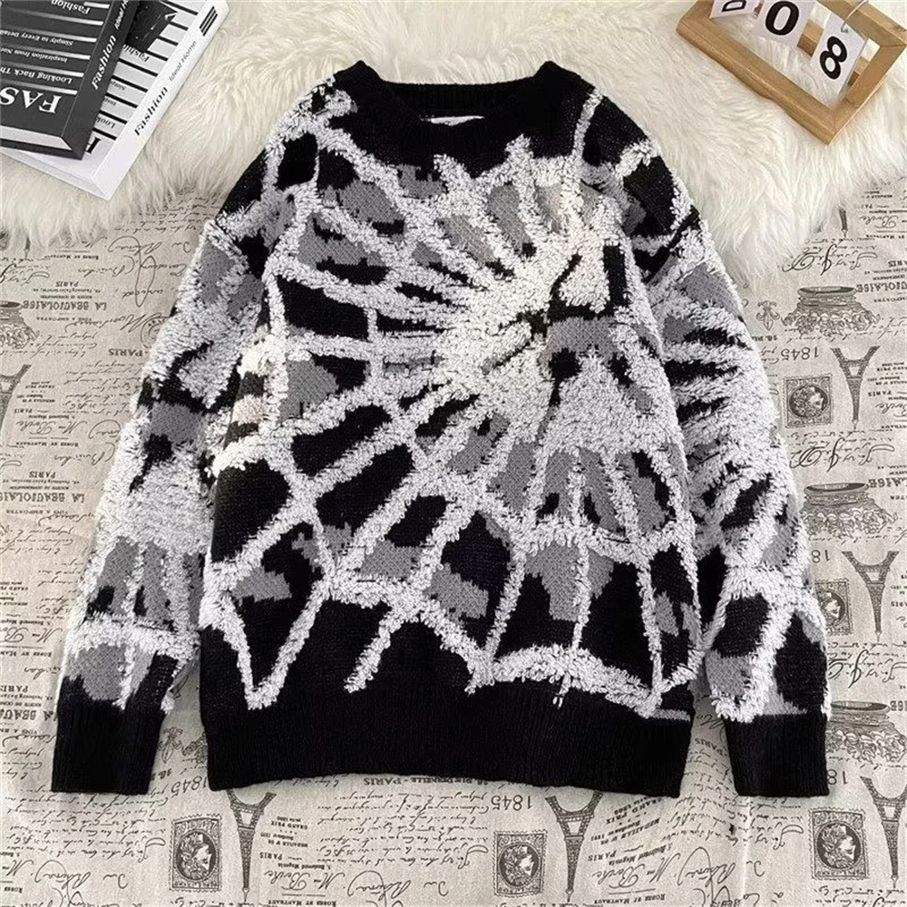 

Senior plankton handsome spider jacquard large size crewneck sweater fat men and women simple niche ins loose sweater