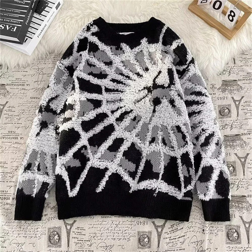 Senior plankton handsome spider jacquard large size crewneck sweater fat men and women simple niche ins loose sweater