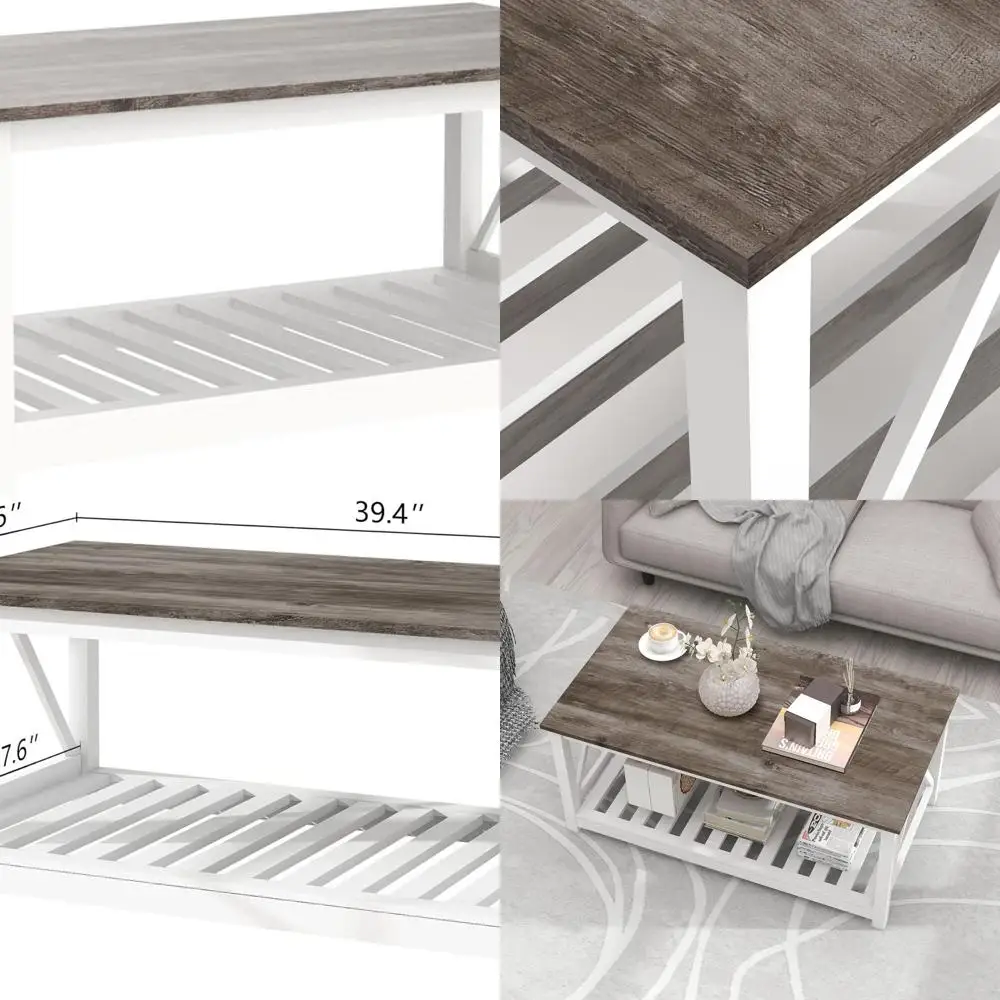 

Современный прямоугольный двухуровневый журнальный столик с планкой и V-образной рамой из дубового серого цвета для гостиной