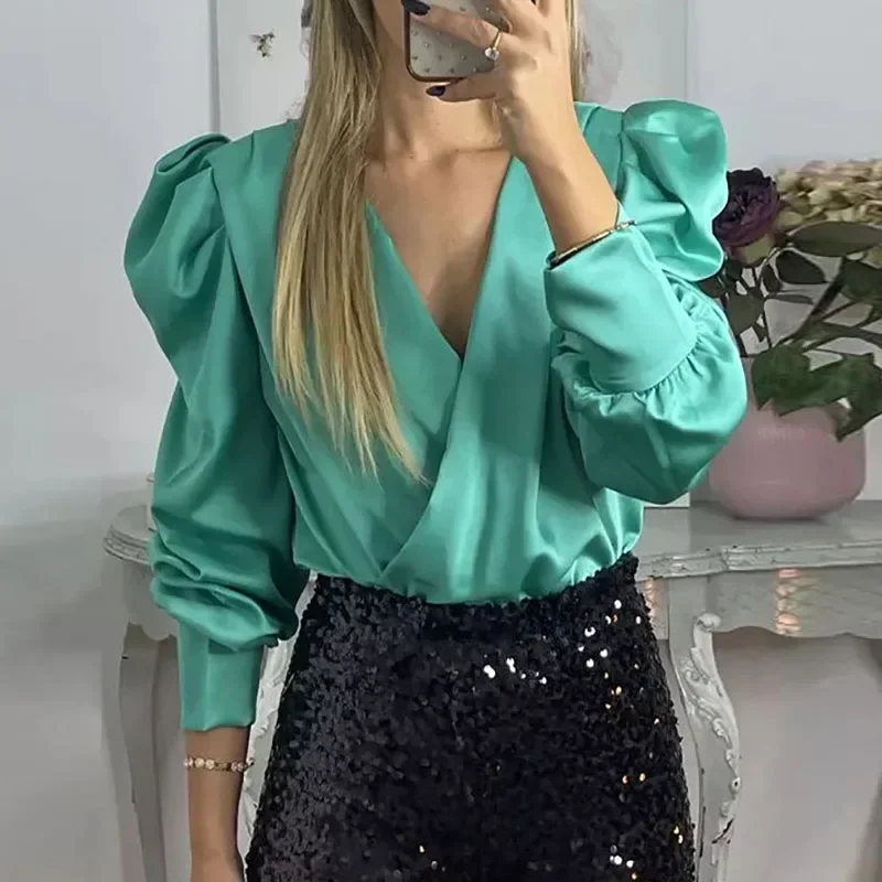 Spring Elegant V-neck Wrap Satin Blouse 2024 Women Casual Puff Long Sleeve Shirt Autumn Fashion Solid Loose Office Pullover Tops