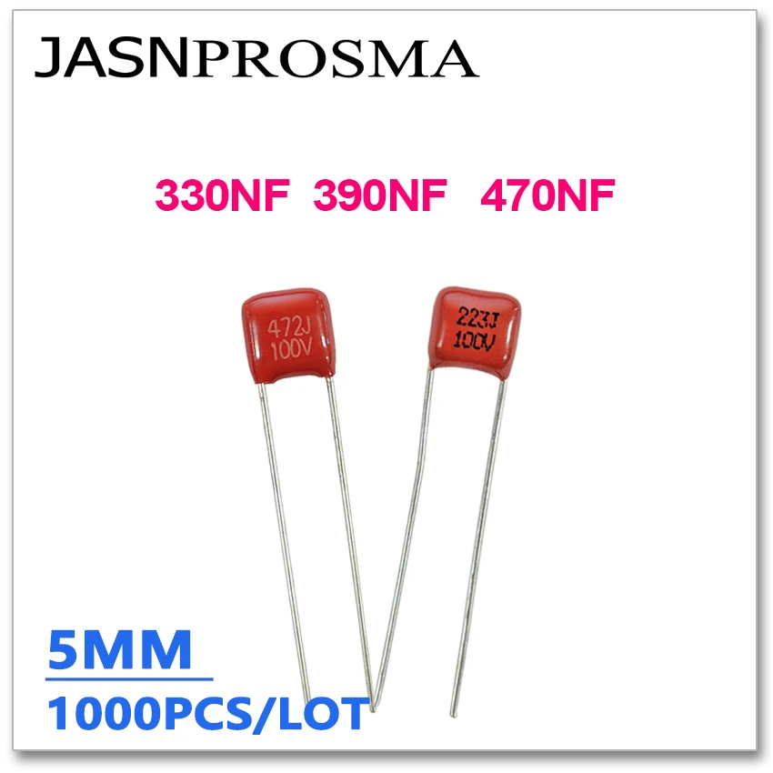 

JASNPROSMA CBB capacitor pitch 5MM 100V 1000PCS 330NF 390NF 470NF 334J 394J 474J 0.33UF 0.39UF 0.47UF DIP 5% CBB21 CBB22