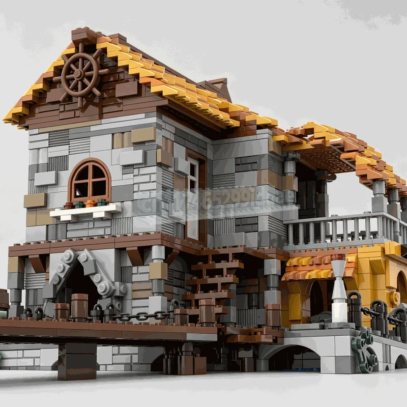 2030PCS MOC Modular Medieval Seaside Pier Stone Building Waterfront Model Building Blocks DIY Creative Assembly Architecture Toy