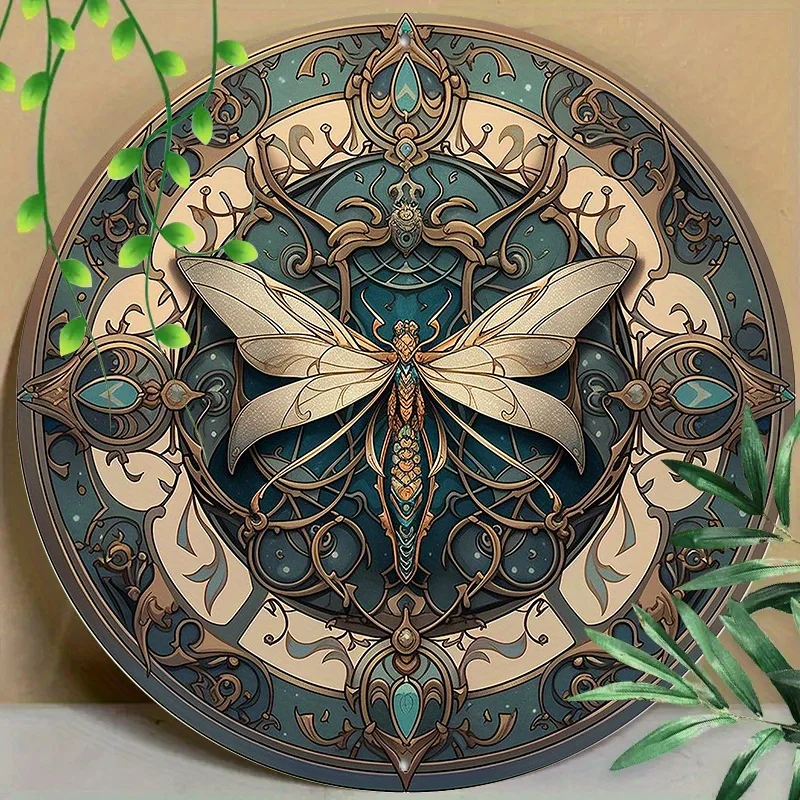 

Round Metal Aluminum Mark Dragonfly with Golden Art Medallion, Delicate Flower and Garden Paintings, Wall Decoration Art