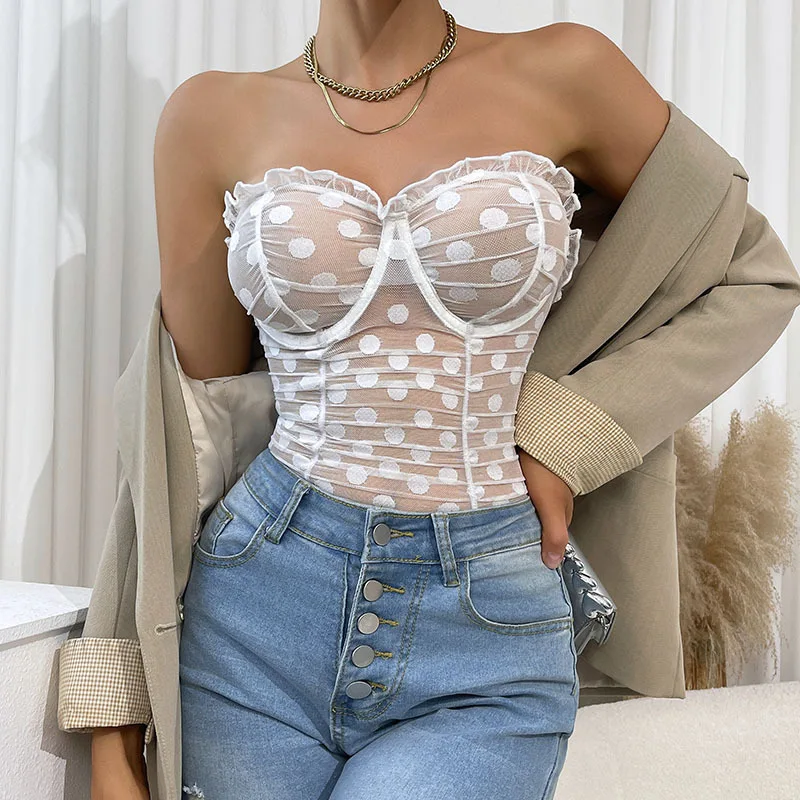 

Sexy Women Bodysuits Sheer Lace Mesh Strapless Ruffle Trim Shapewear Jumpsuit Ladies Sleeveless Lingerie Bodyshaper 2025 Summer