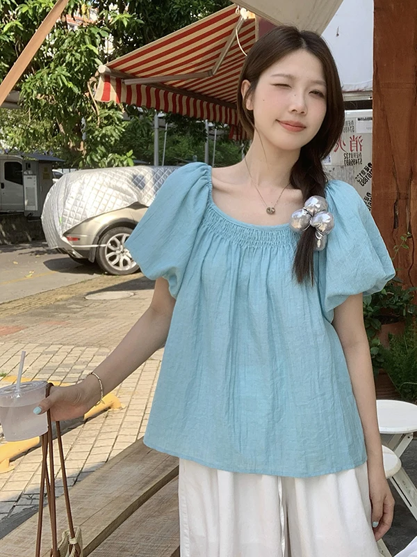 

Loose Korean Style Square Collar Short Sleeve Shirt for plus Size Women Summer 2026 Fashionable Versatile Casual Top